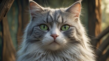 Obraz premium Close-up of a tranquil gray and white domestic cat with green eyes and expressive features