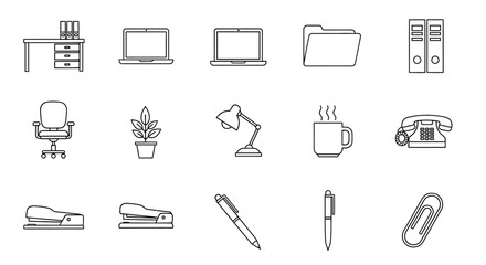 Modern Office Workspace Icons Desk, Laptop, Chair, and More