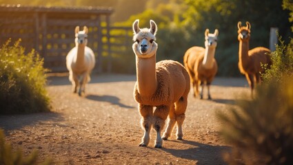 Portrait of a fluffy brown and white llama in a rural meadow, looking at the camera