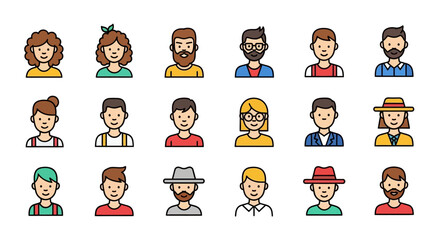 Colorful Diverse Avatar Icons Set of 20 Flat Person Profile Illustrations