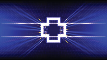 Futuristic AI healthcare and digital marketing technology background. Glowing neon grid with central AI processor future health, digital marketing, artificial intelligence integration in technology.