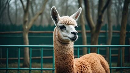 Obraz premium Brown llama with dark face behind green metal fence in outdoor farm enclosure among trees and wooden structures