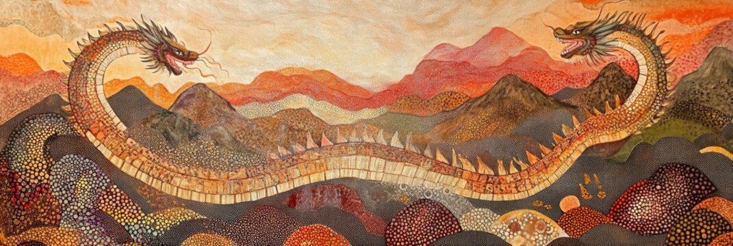 Two headed snake like creature forms a bridge over a landscape painting.