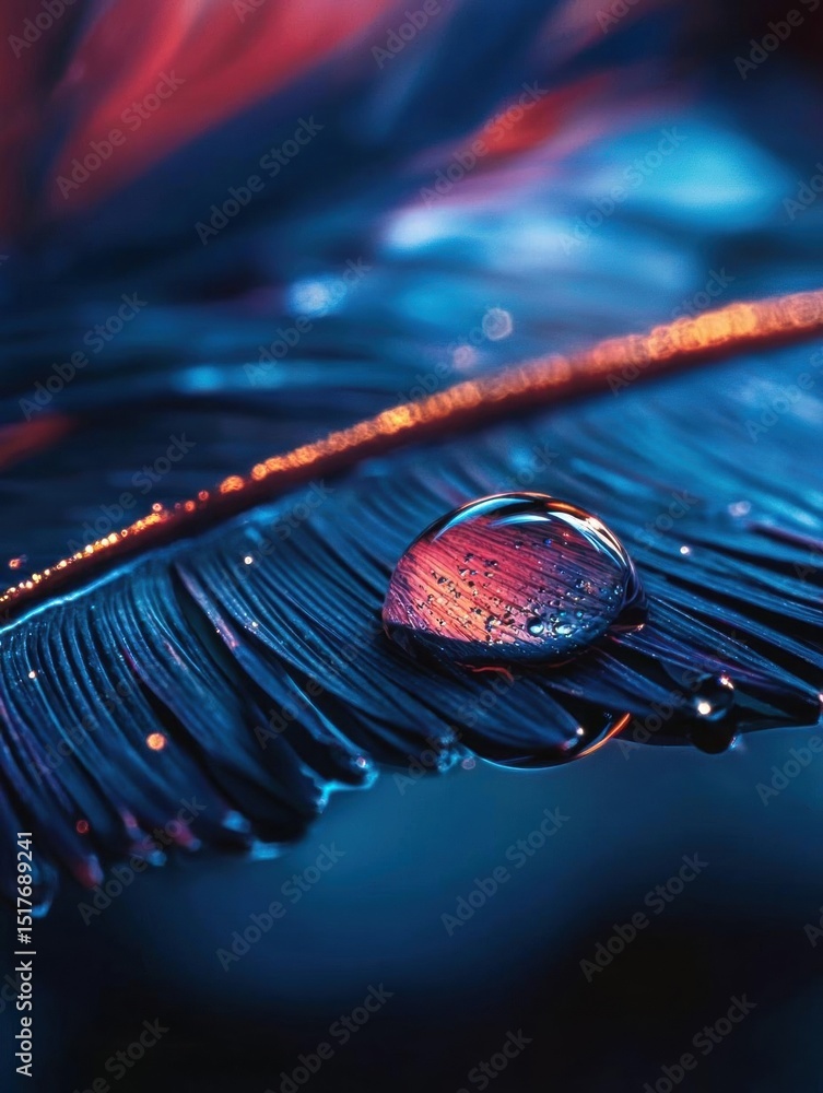 Poster close-up of a single drop of water on a feather. the drop is in the center of the image, with the fe