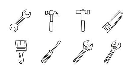 Hand Drawn Tool Icons Wrench, Hammer, Saw, Brush, Screwdriver - Vector EPS Illustration