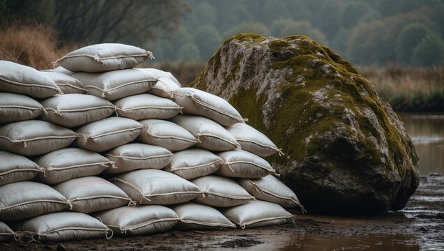 Using sandbags and mossy boulders to prevent flooding and establish boundaries along the riverbank in outdoor winter conditions