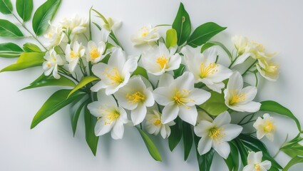 Obraz premium Vibrant jasmine flower with green leaves on a white background, clipping path included