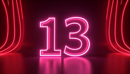 3D rendering of a metallic number 13 with curved red neon lines on a background. 