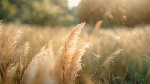 Selective focus on lush grass flowers bathed in sunlight, featuring Pennisetum pedicellatum, also called desho grass, an endemic Ethiopian plant from the Poaceae family.