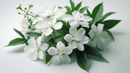 Obraz premium Isolated jasmine flower with green leaves on a white background