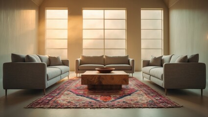 Scandinavian living space with morning sunlight, minimalist decor, and light wooden flooring.