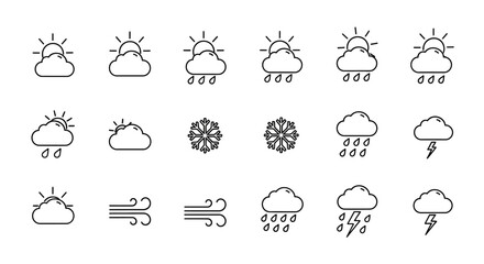Weather Icons Set Sun, Cloud, Rain, Snow, Wind - Line Art Graphics