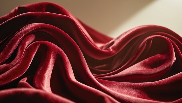 Close-up of bright red satin fabric with textured pattern and luxurious shiny surface