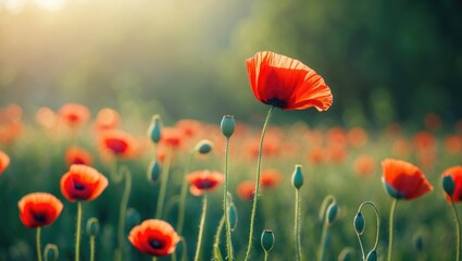 Obraz premium A red poppy flower blooming in a summer landscape with wildflowers and lush grass