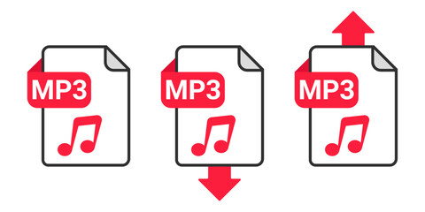 MP3 File Download and Upload Icon Set with Red Arrow Symbol on Transparent Background for Audio Transfer, Music Sharing and Sound File Exchange Vector Illustration