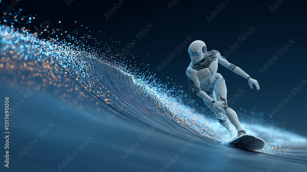 Poster futuristic robot surfs a digital wave, blending technology and action – artificial intelligence, inn
