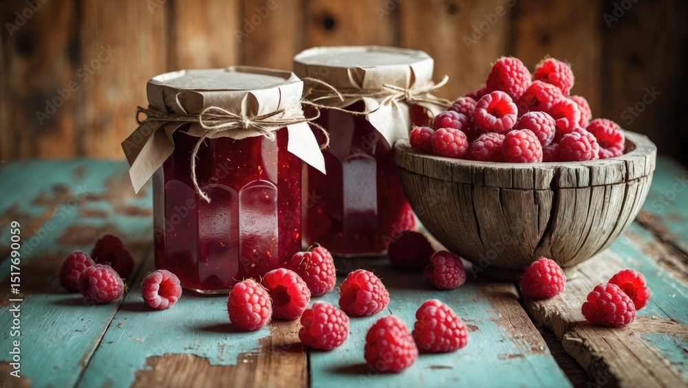Poster homemade raspberry jam on a rustic wooden table with fresh fruit and vintage vibes