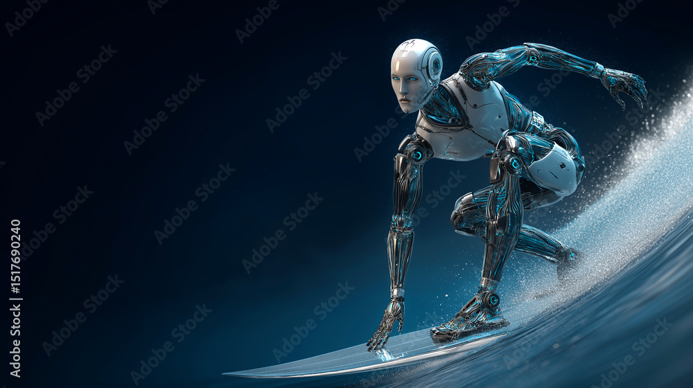 Poster futuristic humanoid robot surfing on a wave, dynamic action and technology blended in a science fict