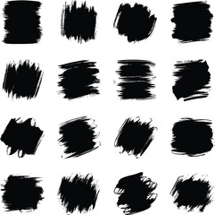 Artistic collection of sixteen black paint brush strokes isolated on a white background
