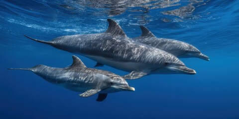 Fototapeta premium Three dolphins swim gracefully together underwater in clear blue ocean.