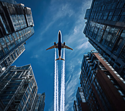 A captivating view of an airplane soaring above towering skyscrapers, leaving behind a trail of clouds against a vibrant blue sky, showcasing the harmony of urban architecture and aviation. - Powered by Adobe