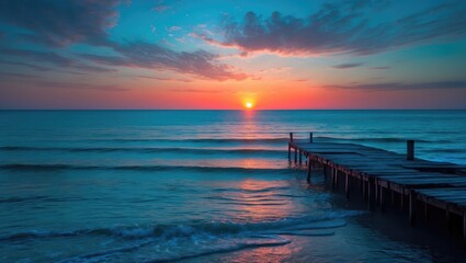 Obraz premium Sunset over a tranquil seaside village with clear waters and beautiful natural scenery