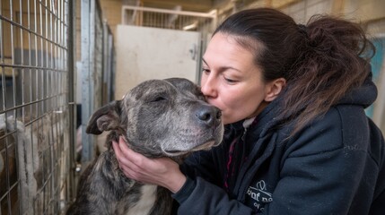 A woman tenderly kisses a dog inside an animal shelter, showing affection and care in a kennel environment.