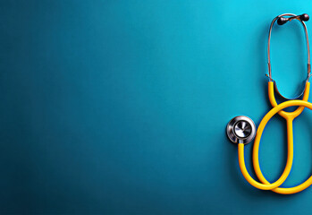 A bright yellow stethoscope rests against a textured teal background, symbolizing the healthcare profession.