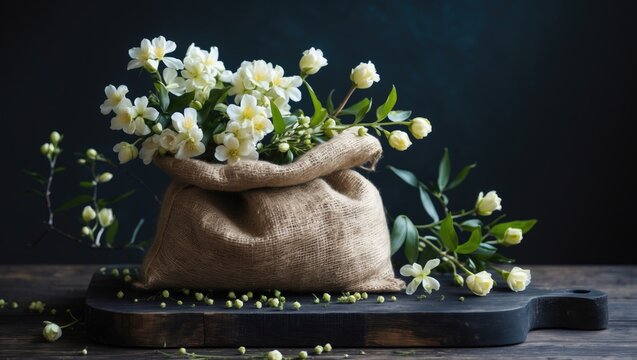 Fresh and dry jasmine blossoms for tea on wooden background