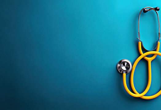 A bright yellow stethoscope rests against a textured teal background, symbolizing the healthcare profession. - Powered by Adobe