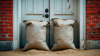 Protective sandbag barrier outside a residential door in Tewkesbury, UK, after floodwaters receded in winter 2020