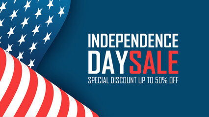 Independence Day Sale. 4th of July commercial banner with waving american flag for shopping activities and holiday sales promotion. Blue background. Vector illustration.