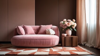 Living room interior with a pink sofa, patterned rug, and vintage wall decor from a side angle