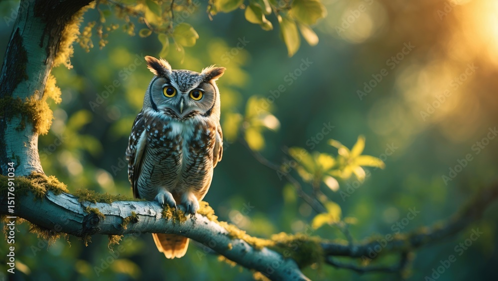 Poster park scene featuring a spotted owlet on a tree branch