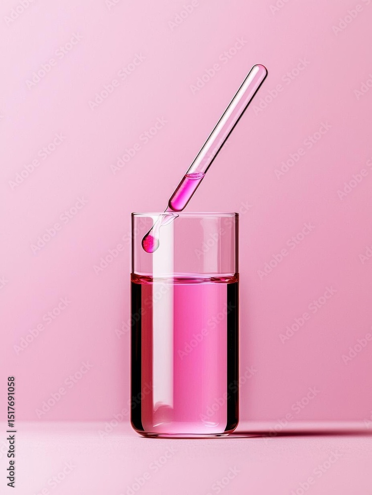 Poster glass of pink liquid with a pipette inserted into it. the pipette is long and slender with a pointed