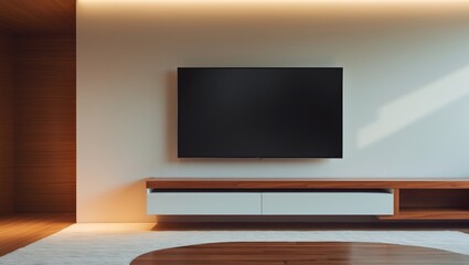 Fototapeta premium Contemporary Wall-Mounted TV Cabinet in a Stylish and Aesthetic Home Interior