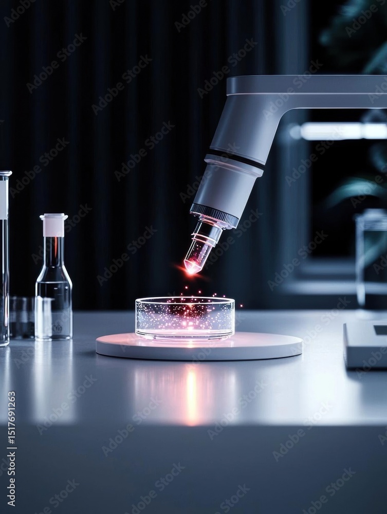 Poster laboratory setup with a microscope on the right side and a small glass jar on the left side. the mic