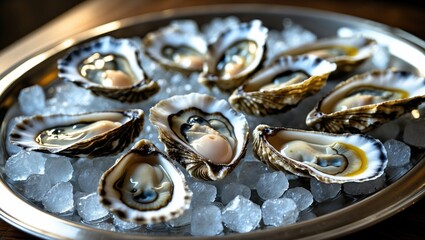 Gourmet oysters served on a natural wooden tray in a dining setting
