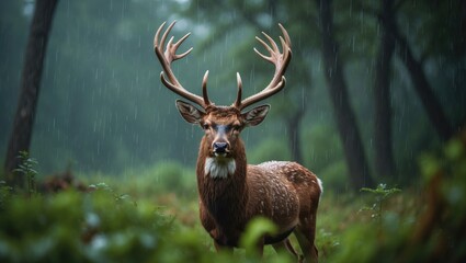 Naklejka premium Scottish red deer stag in the rain amidst highlands