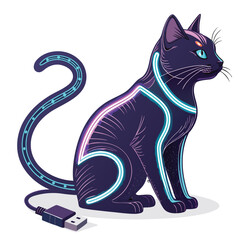 A sleek, white robotic cat with glowing LED whiskers and a USB-A tail, futuristic and adorable.