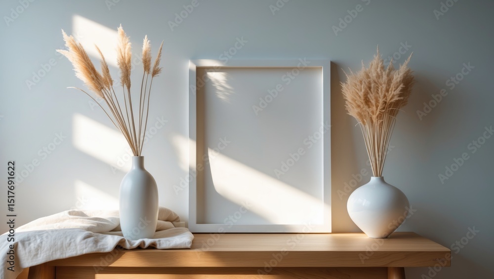 Poster white frame mock-up displayed on vintage wooden bench and table with modern ceramic vase containing 