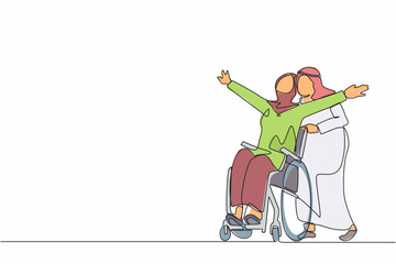 Single continuous line drawing happy disabled Arabic woman in wheelchair on walk with her loving husband outdoors, spending time together. Impaired couple enjoying fun day. One line draw design vector
