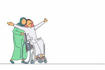Obraz premium Single one line drawing happy disabled Arab man in wheelchair on walk with his loving wife outdoors, having fun, spending time together. Impaired couple enjoying fun day. Continuous line design vector
