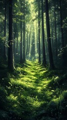 Enchanted Forest Trail: A Pathway Through Sun-Dappled Woodland Greenery