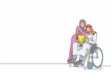 Continuous one line drawing disability Arabic man on wheelchair with trophy cup sharing his joy from achievements and victory with his wife. Disabled people success in sport. Single line design vector