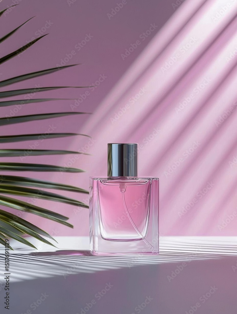 Poster 3d rendering of a perfume bottle on a pink background. the bottle is made of clear glass and has a s