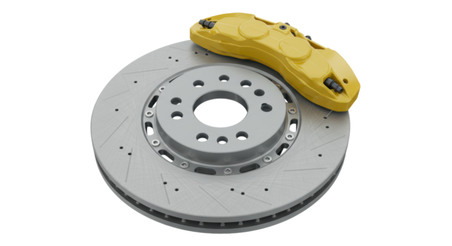 Isolated Car Brake Disc with Yellow Caliper