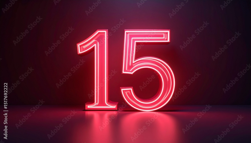 Poster 3d rendering of a metallic number 15 with curved red neon lines on a background.