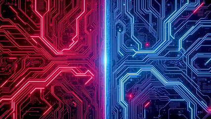 Red and blue neon circuit board technology background