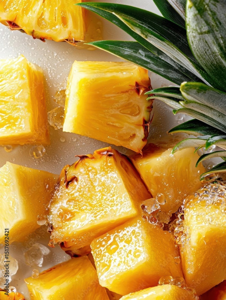 Poster close-up of sliced pineapples on a bed of ice cubes. the pineapple slices are arranged in a scattere